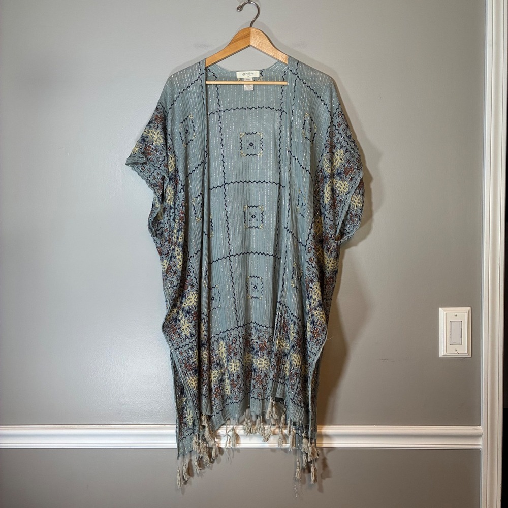 A Beautiful Soul Blue Cotton Lurex Metallic Tassel Kimono Wrap One Size OS